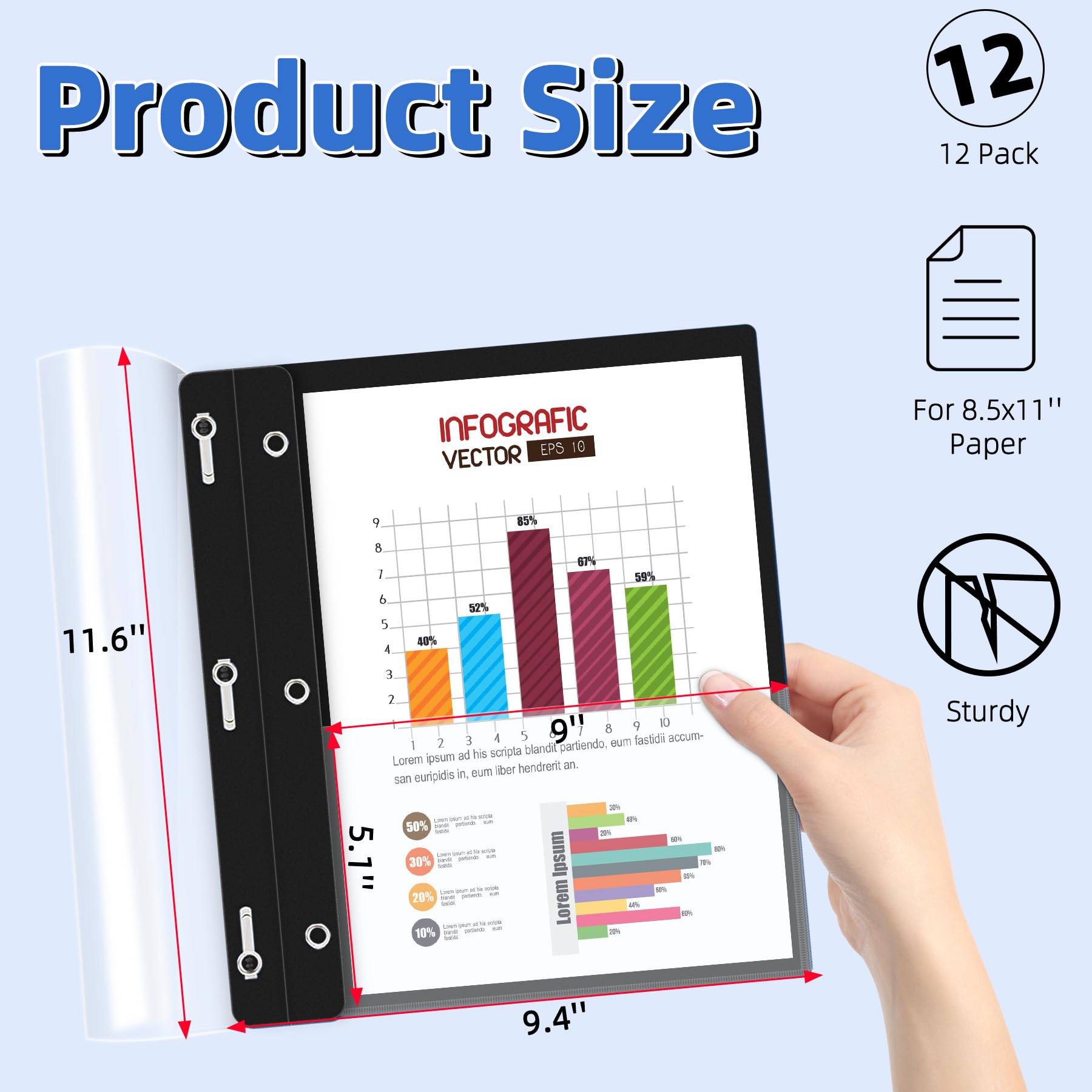HAUTOCO 12 Pack Plastic Report Covers with 3 Prongs Fasteners Clear Front Resume Portfolio Folder for 8.5x11 Letter Size Paper, Presentation Document Report Cover for School Office Business, Black