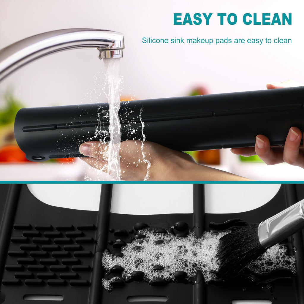 57×42cm Bathroom Sink Cover for Counter Space, Heat Resistant Silicone Sink Top Mat, Foldable Sink Top Cover Multifunctional Sink Makeup Mats for Cosmetics, Skincare Products, Hair Dryer (black)