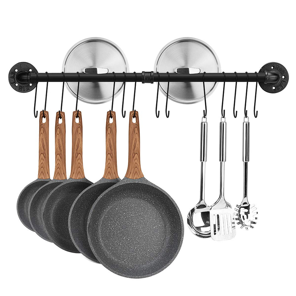 Toplife 80 cm/31.5 Inches Pot Rack, Kitchen Wall Mounted Detachable Pan Lid Utensils Organizer Hanging Rail with 14 Hooks, Black