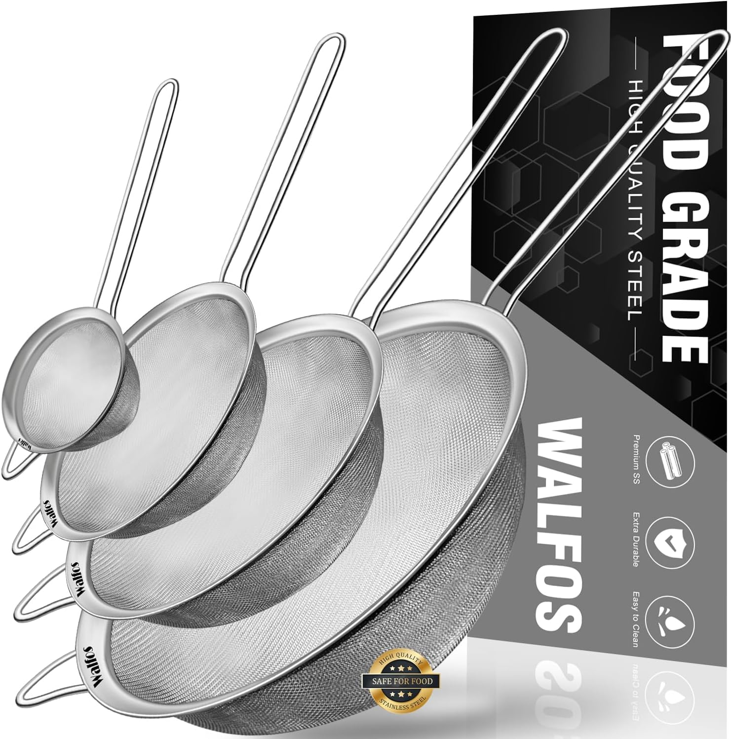 Walfos Fine Mesh Strainer Set of 4-9.5", 7", 4.7", 2.8", Multipurpose Stainless Steel Mesh Sieve with Handle, Kitchen Fine Strainers Sifters for Food, Rice, Quinoa, Fruits, Vegetables, Tea