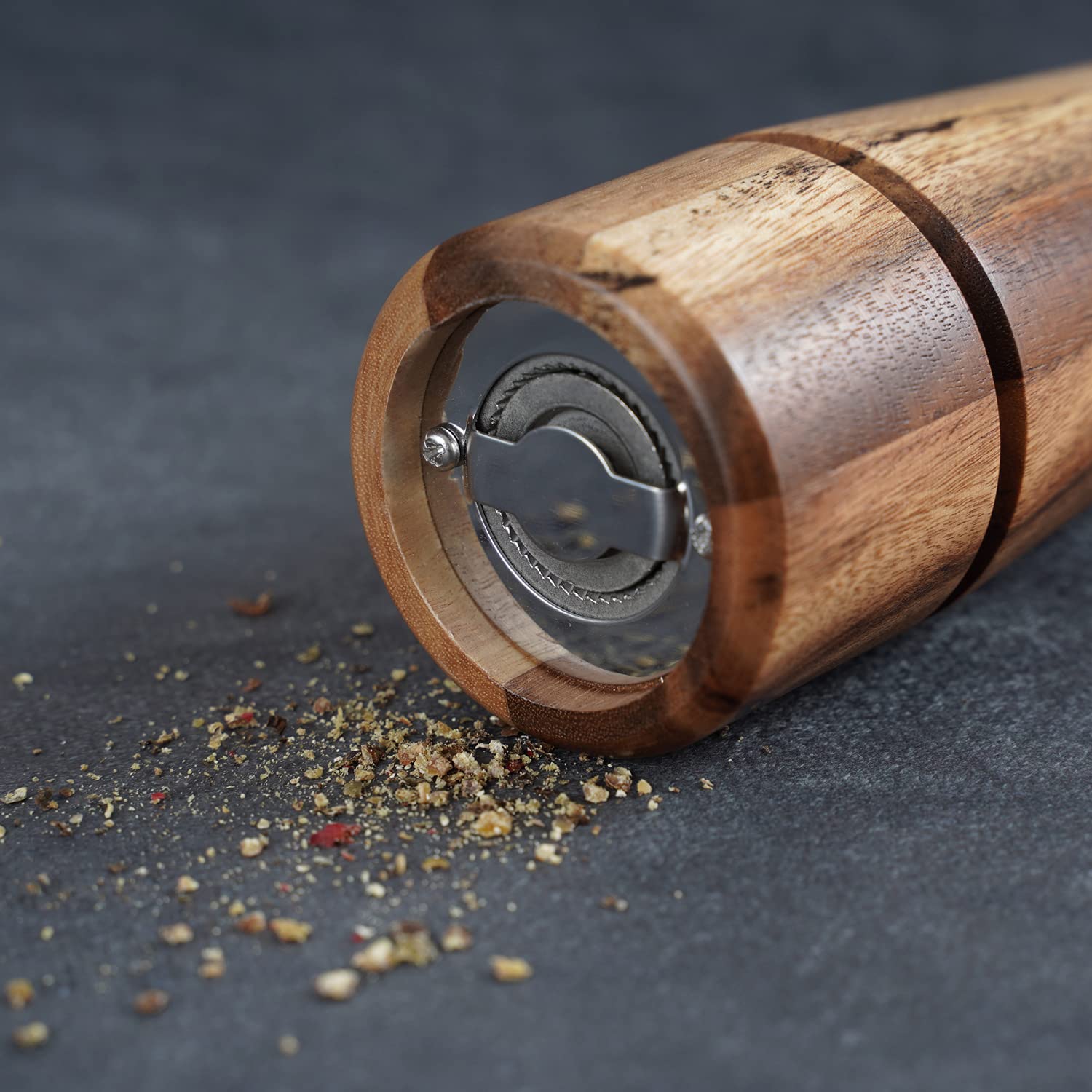 DeroTeno Pepper Grinder, Pepper Mill with Adjustable Stainless Steel, Acacia Wood, 16.5 cm / 6 inch Height, Bottom Dia: 5 cm, Upper Dia: 4.5 cm (Tray is NOT Included)