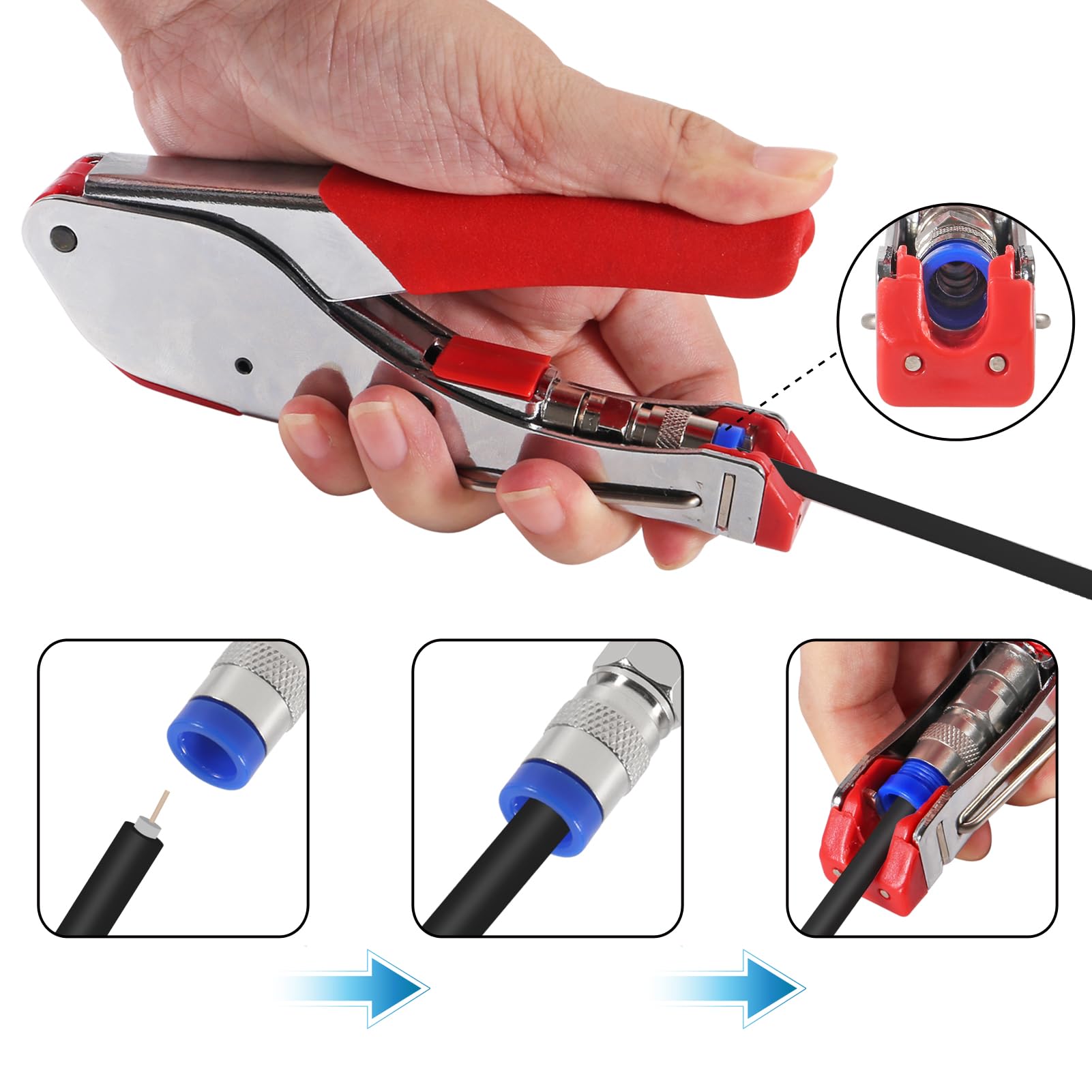 Coax Cable Crimper Tool Kit Coaxial Compression Tool Fitting Wire Stripper with 5PCS RG6 F Type Connector + 5PCS RG6 Coax Cable Extender