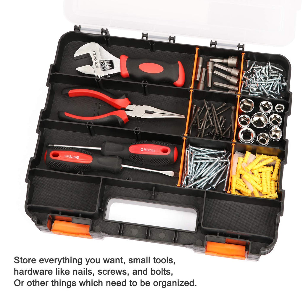 Makitoyo Double Side Tools Organizer, Customizable Removable Plastic Dividers, Hardware Box Storage, Excellent for Screws,Nuts,Small Parts, 34-Compartment, Black/Orange