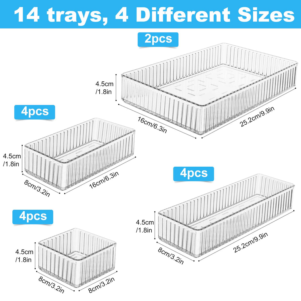 14 Pieces Clear Drawer Organizer Set, Stackable Drawer Storage Bins with Non-Slip Base, 4 Sizes up to 9.92"x6.23", Plastic Containers for Makeup, Kitchen, Office (14 Pack)