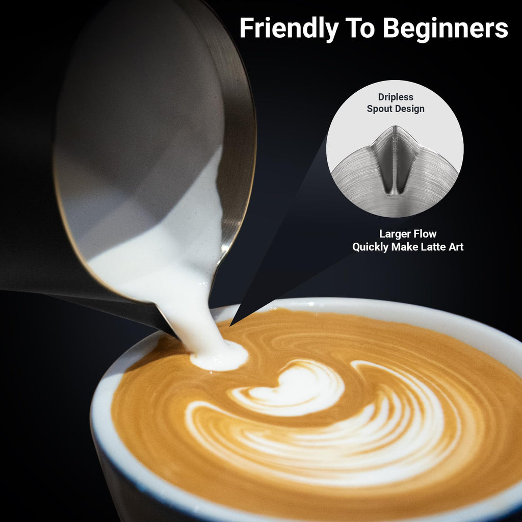 Guowall Milk Frothing Pitcher Stainless Steel Espresso Steaming Pitcher for Cappuccino Latte Art 14 oz (420 ml) Milk Jug Coffee Frother Cup with Wooden Handle - Black