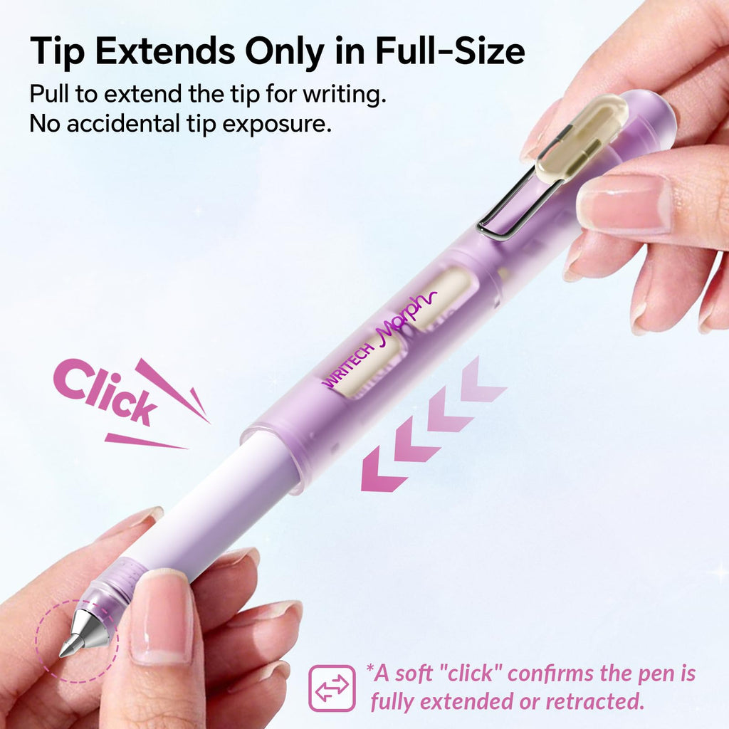 WRITECH Morph Extendable Gel Pen: 0.7mm Medium Point Black Ink Pocket-to-Full-Size Design Translucent Soft Grip Barrel Includes 2 Pens and 2 Refills Dual-Length Pocket Pen 4.6" to 6.1"