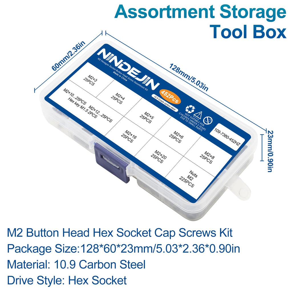 NINDEJIN M2 Button Head Hex Socket Cap Screws Bolts, M2 x 3/4/5/6/8/10/12/16/20mm Screw and Nuts Assortment Kit, 10.9 Carbon Steel Fully Machine Thread