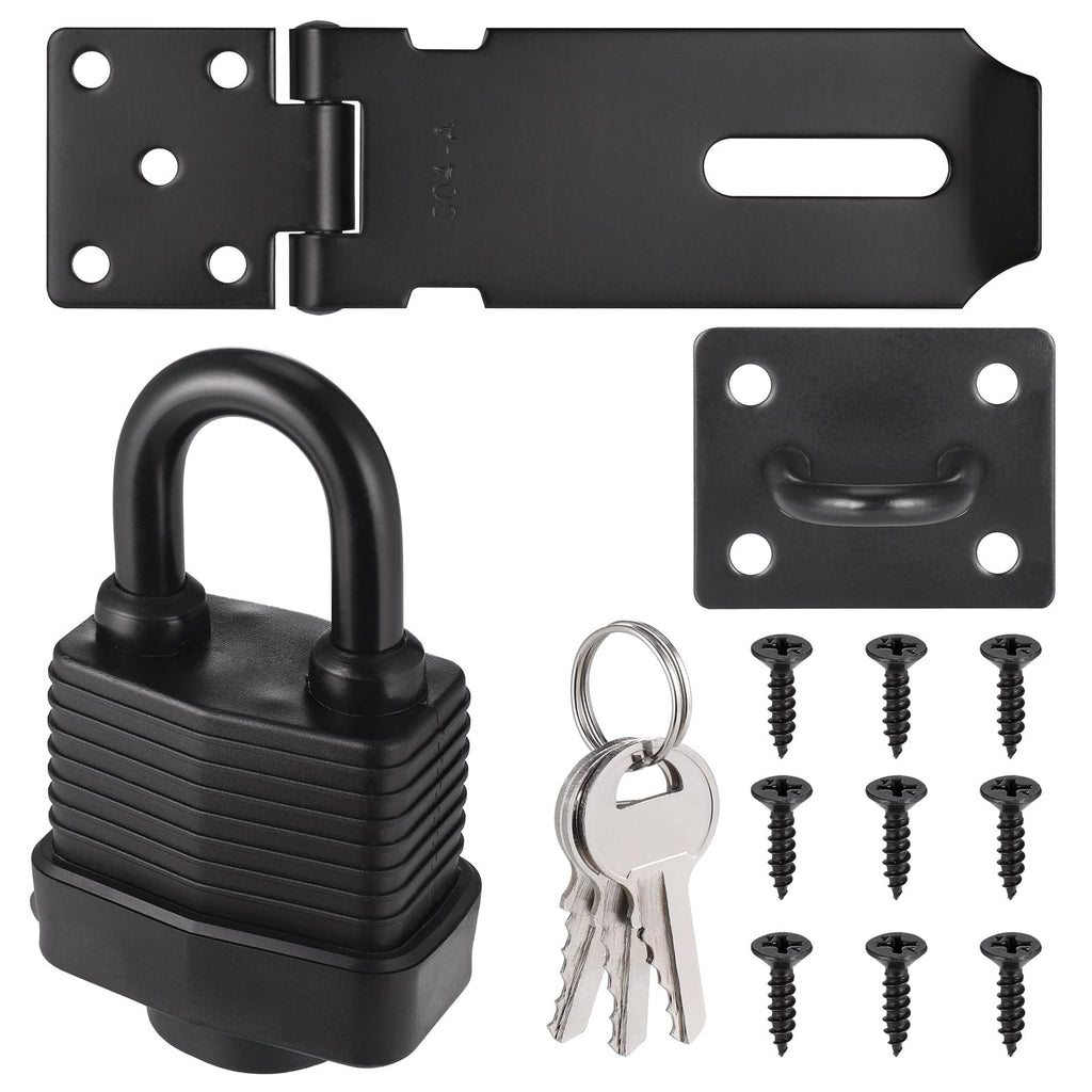Door Latch Hasp with Door Padlock and Screw, Stainless Steel Door Lock with Key, Heavy Duty Hasp and Staple, Gate Lock, Waterproof Shed Lock, Latch Lock for Bedroom Door Patio Door Garden Gate (Black)
