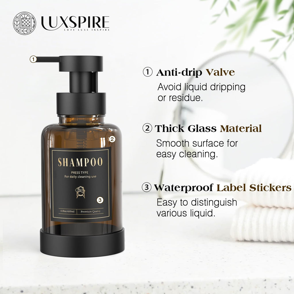 Luxspire Foaming Soap Dispenser, Glass Foam Pump Soap Dispenser, Non-Slip Hand Soap Dispenser with 5 Waterproof Labels, 15 Oz Refillable Liquid Soap Dispenser for Bathroom & Kitchen, Amber, 2 Pack