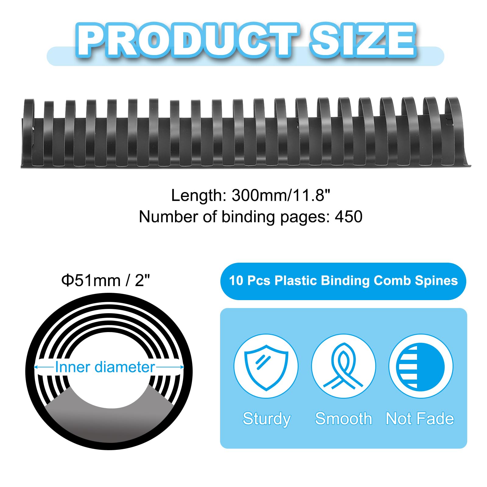 PATIKIL 51mm (2") Plastic Binding Combs, 10 Pcs 21 Rings Comb Binding Spines 450 Sheet Capacity Letter Size for Binding Paper Sheets Notebook Calendar Picture Album, Black