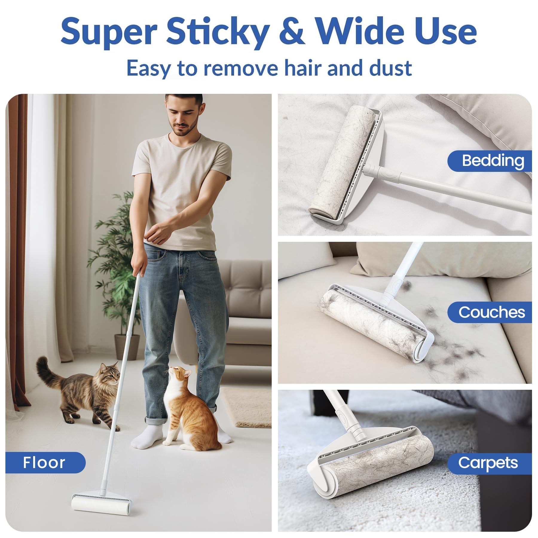 Large Lint Rollers for Carpet, Sticky Rollers for Floor DELOMO 9.45 in with 3 Extendable Handle, Long Handle Sticky Mop for Cleaning Carpets, Cars, Bedding, and Pet Hair, Ideal Gift for Pet Owners