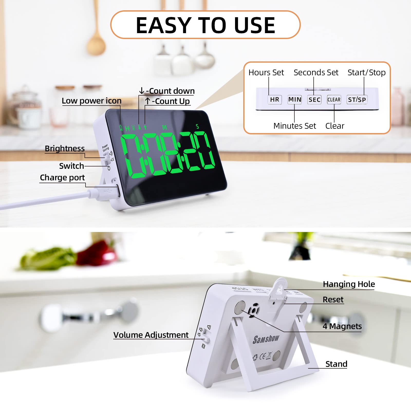 Digital Kitchen Timer-Magnetic Rechargeable Cooking Timers Countdown/up with 5”LED Display 3 Brightness 4 Volume Adjustable for Classroom Office Study Home Work Fitness Facial Game for Seniors & Kids