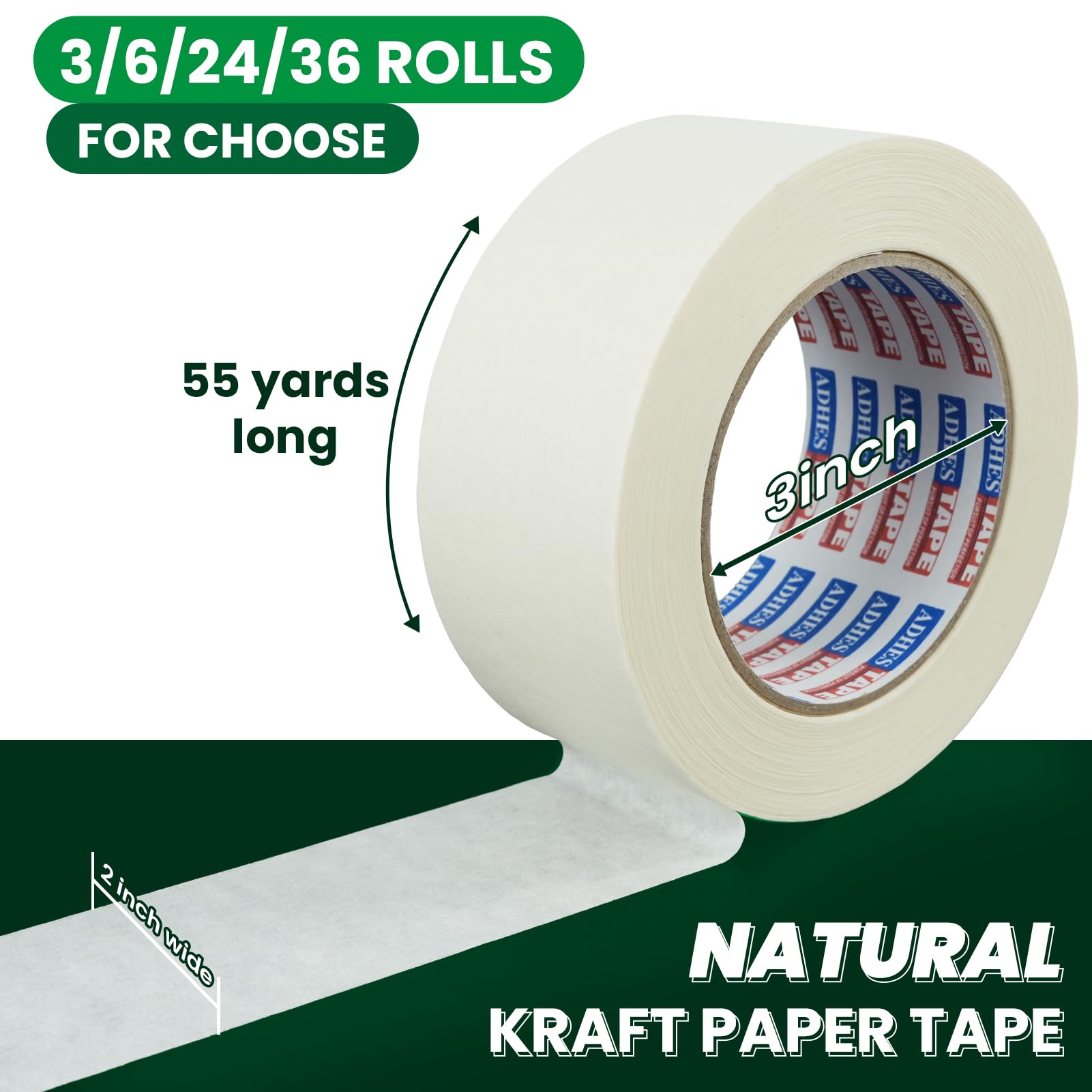 ADHES White Kraft Paper Tape, 2 Inch x 55 Yards, 3 Rolls Writable & Uncoated Heavy Duty Paper Tape, Eco-Friendly Biodegradable Packing Tape for Sealing, Packaging, Moving & Masking