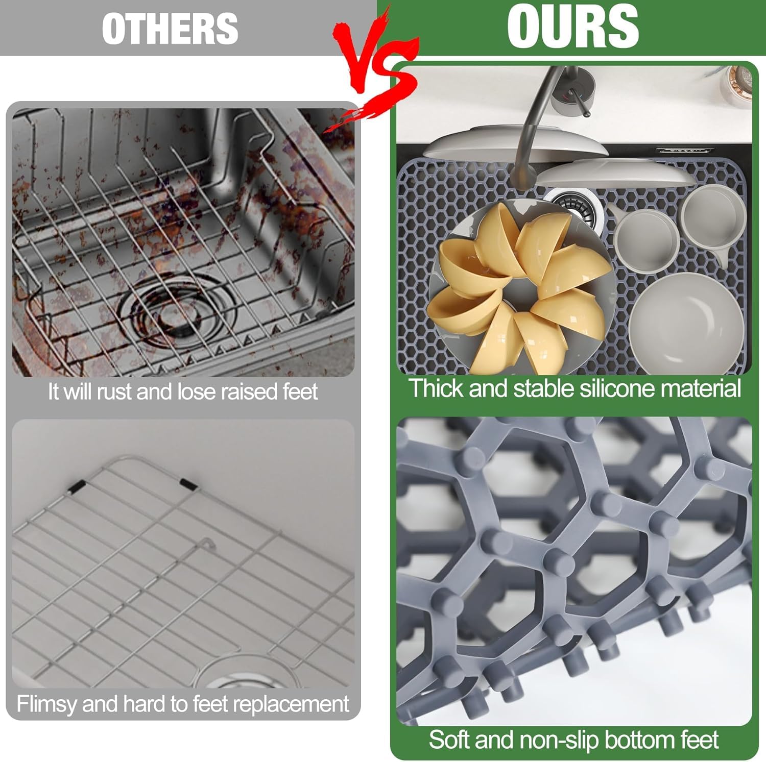 Inchoco Sink Protectors for Kitchen Sink Mat - 25.79"x13.98" Silicone Kitchen Sink Protector Mat for Protection of Stainless Steel Sink and Tableware, Farmhouse Sink Protector with Rear Drain (Grey)