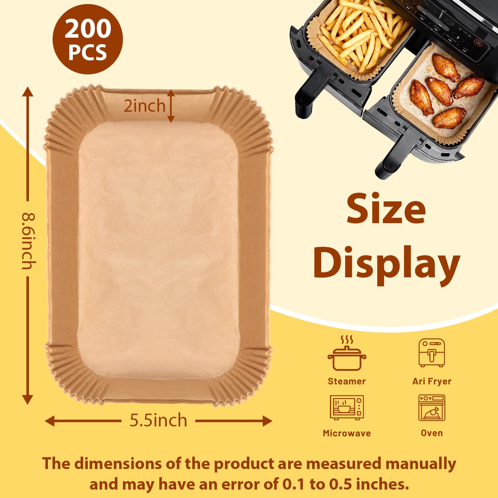 Ceecysaa 200PCS Air Fryer Liners Oil-Water Resistant,8.6x5.5'' Rectangular,Food-Grade Non-Stick, Air Fryer Parchment Paper Liners for Baking,Frying,Grilling