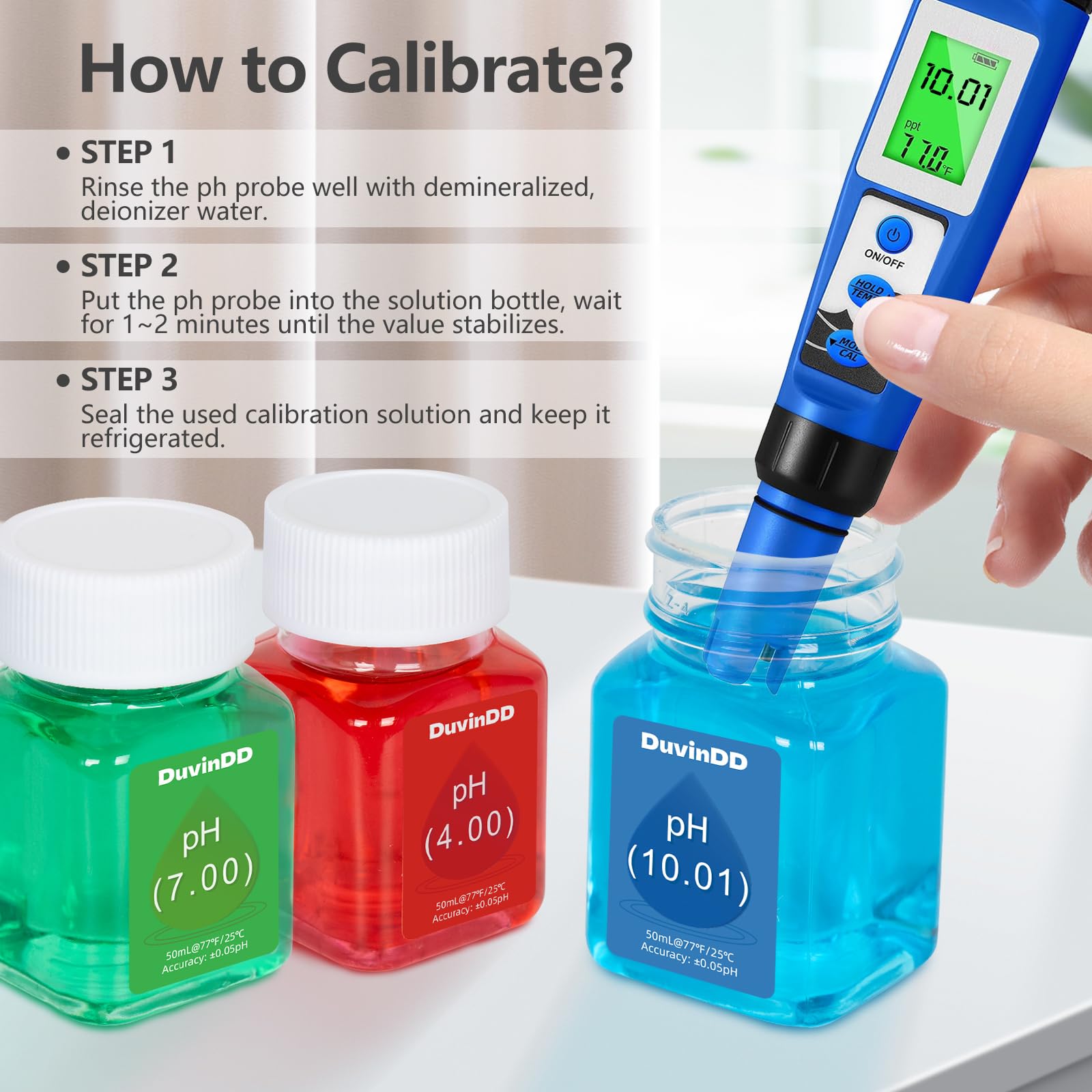 DuvinDD pH Meter Calibration Solution Kit - 3 Bottles 50ml (pH 4.00, 7.00 & 10.01) with 30ml pH Probe Electrode Solution, Professional Ready-Made pH Calibration Solution Plus KCL Storage Solution