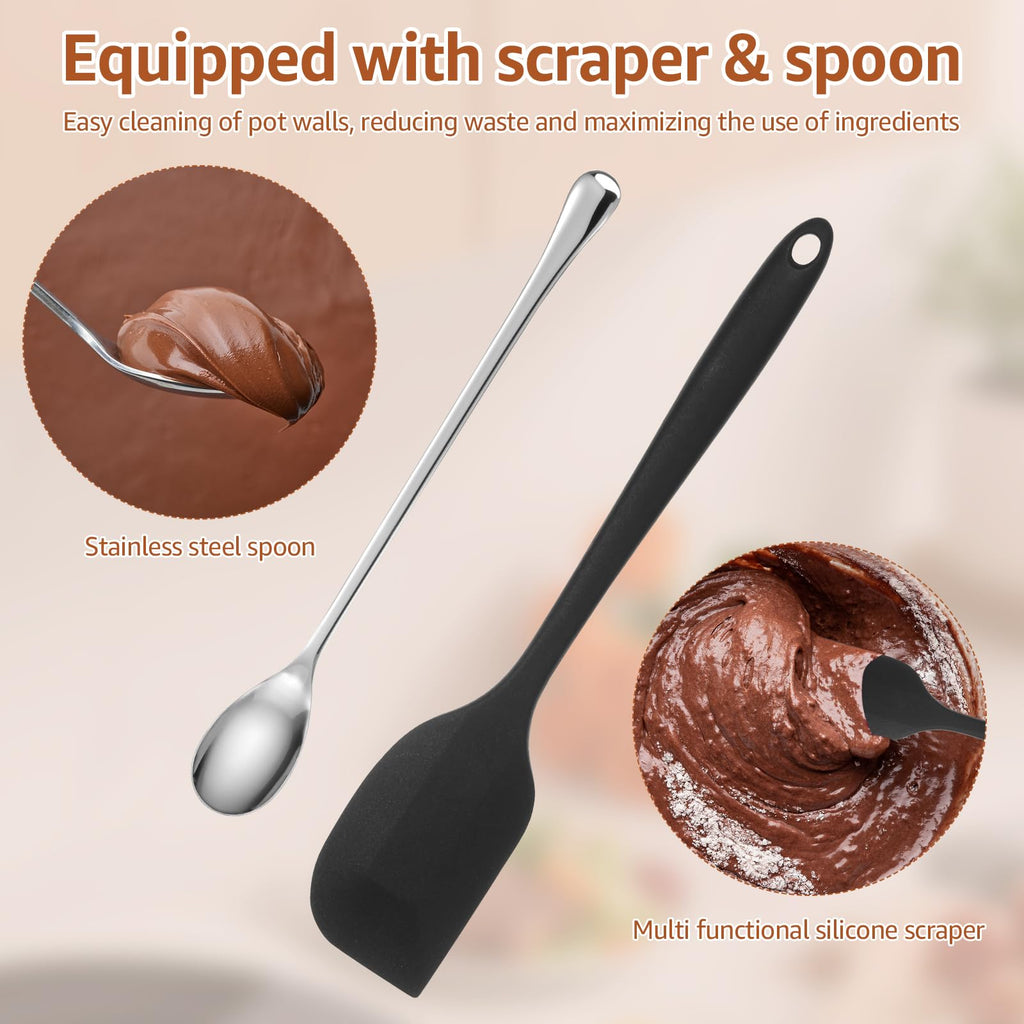 304 Stainless Steel Double Boiler Pot Set 2QT Chocolate Melting Bowl with Scale and Handle 2.6QT Dual-Handle Pot with Silicone Spatula and Spoon Stackable for Butter Chocolate Wax Sugar (A)