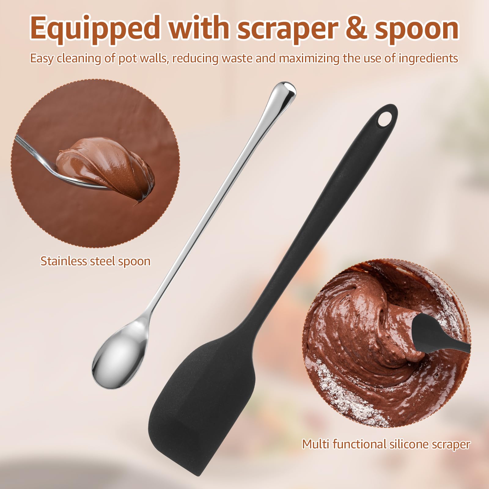 304 Stainless Steel Double Boiler Pot Set 2QT Chocolate Melting Bowl with Scale and Handle 2.6QT Dual-Handle Pot with Silicone Spatula and Spoon Stackable for Butter Chocolate Wax Sugar (A)