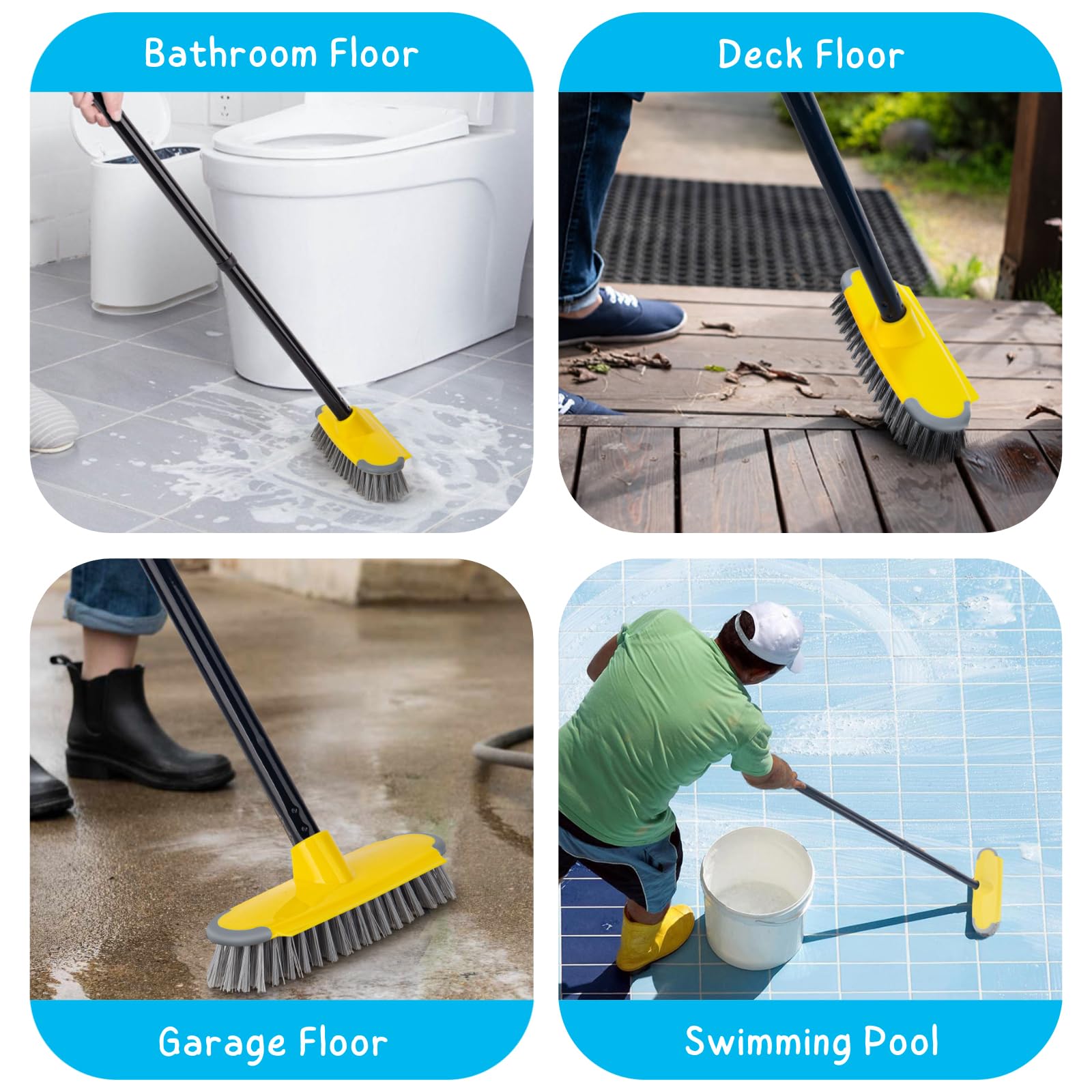Deck Brush with Long Handle, Floor Scrub Broom for Shower, 50'' Outdoor Scrubber for Carpet, Boat, Patio, Garage, Concrete Cleaning