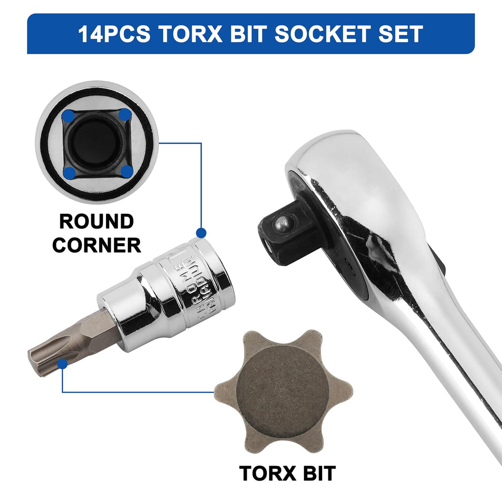 Mayouko 14PCS Torx Bit Socket Set, T6-T60, 1/4-Inch, 3/8-Inch and 1/2-Inch Drive, S2 and Cr-V Steel, Star Bits Socket Set