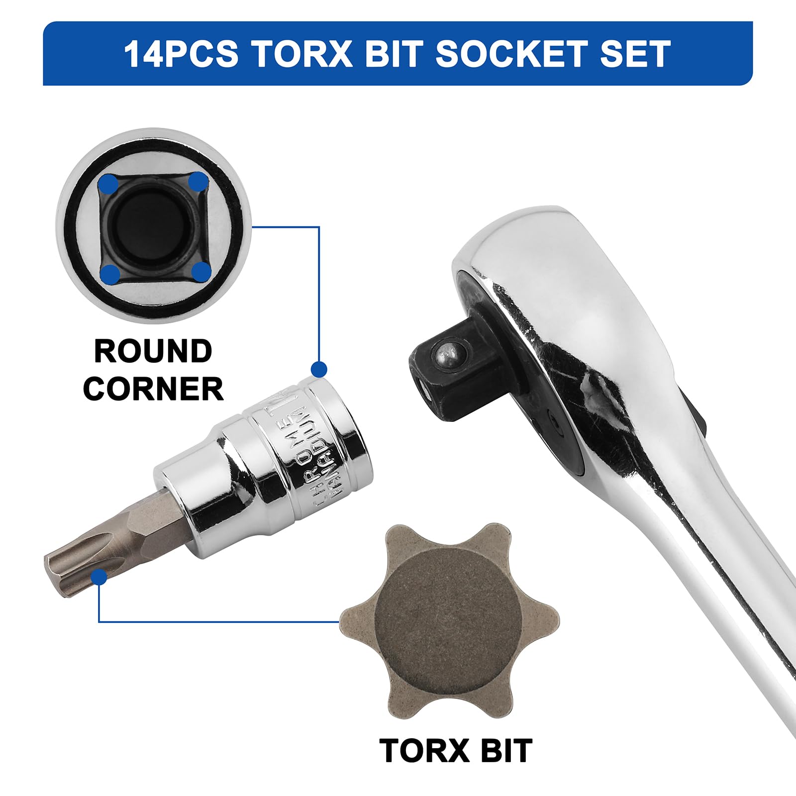 Mayouko 14PCS Torx Bit Socket Set, T6-T60, 1/4-Inch, 3/8-Inch and 1/2-Inch Drive, S2 and Cr-V Steel, Star Bits Socket Set