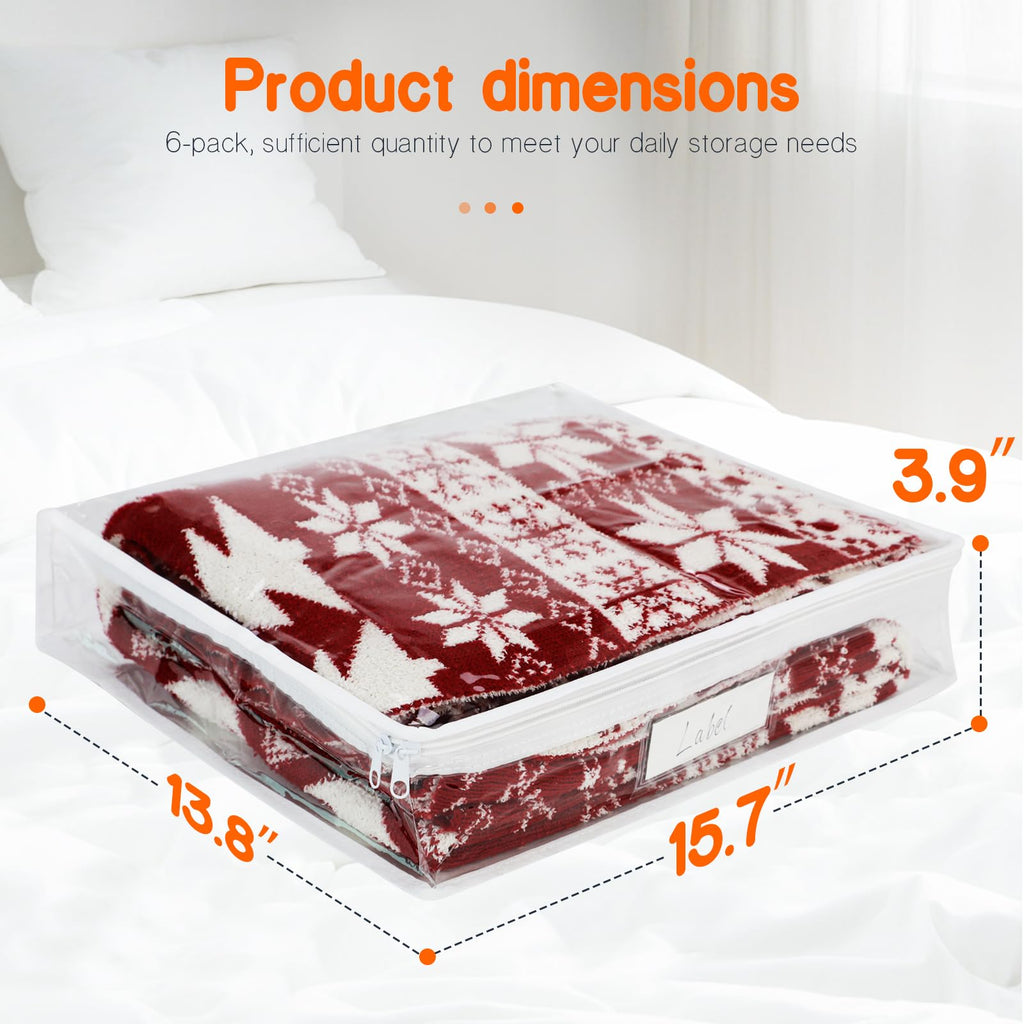 Clear Zippered Storage Bags Plastic Sweater Storage Bags with Zipper 6 Packs Clothing Organizer for Blankets Linen Sweater Bed Sheet Quilt Clothes Pillow (White, 15.7 x 13.8 x 3.9 Inch)