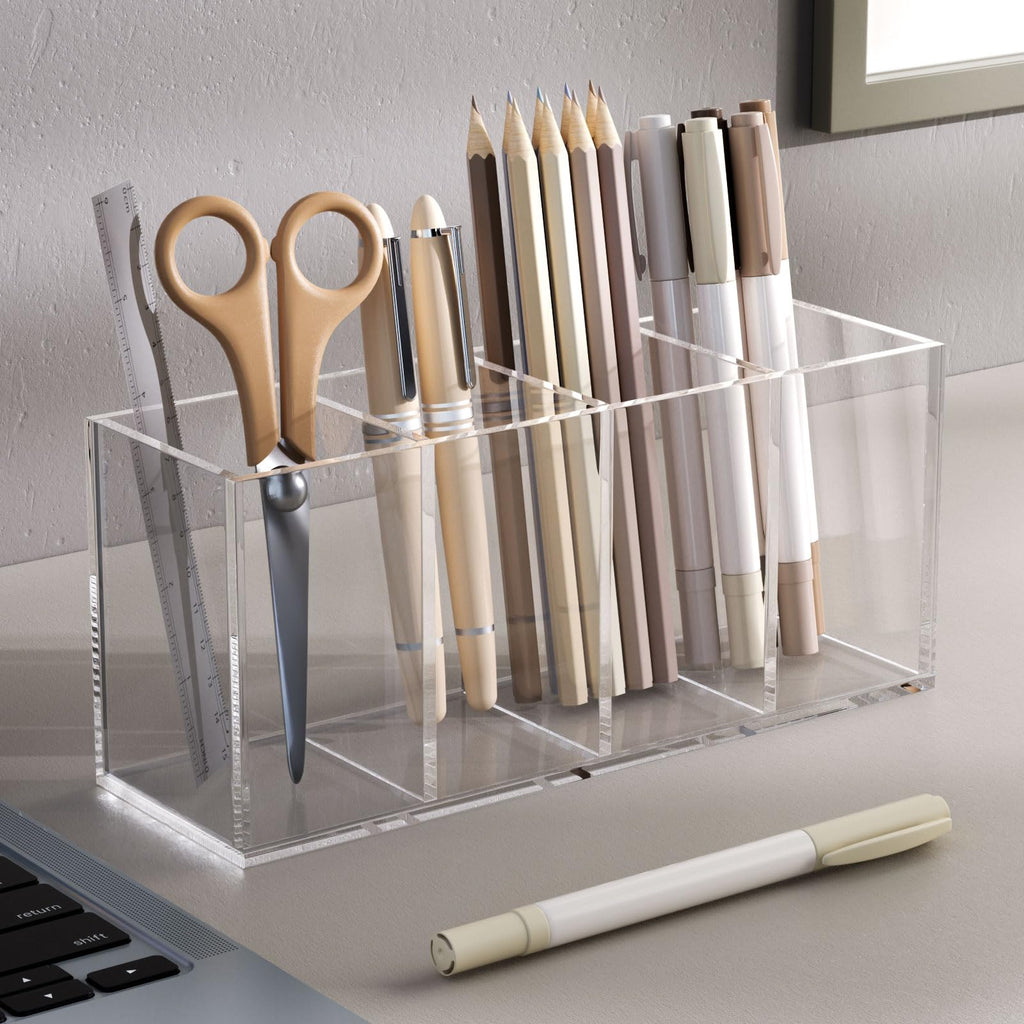 NIUBEE Acrylic Pen Holder 4 Compartments Clear Pencil Organizer for Countertop, Desk, Accessories Storage