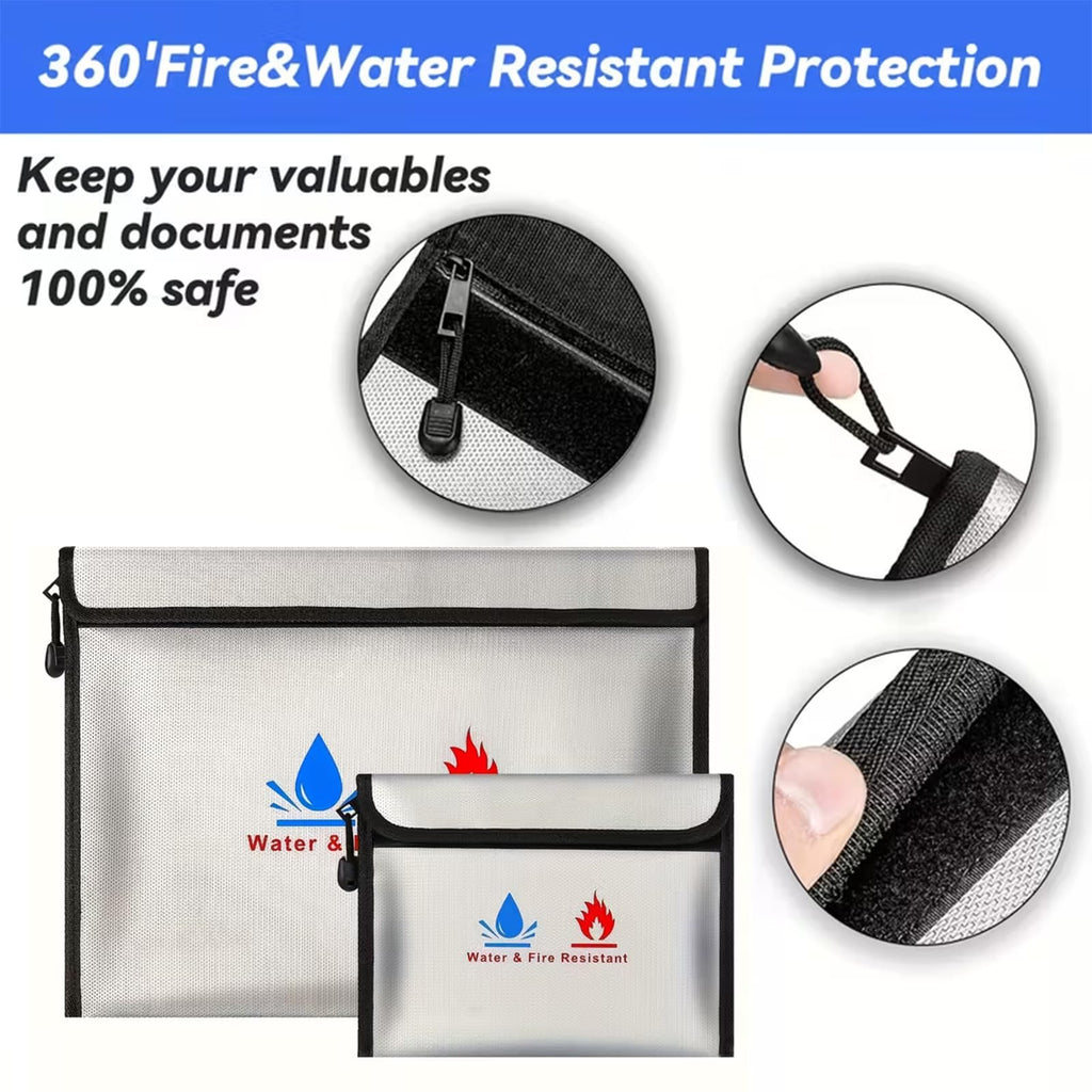 Fireproof Document Bag, Fireproof Money Safe 15 x 11 in & 9 x 7 in Set Non-Itchy Silicone Coated Fire Resistant Bag Fireproof Safe Storage for Money, Documents, Jewelry and Passport