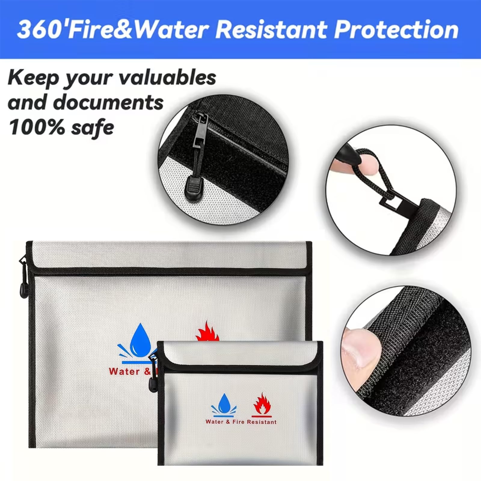 Fireproof Document Bag, Fireproof Money Safe 15 x 11 in & 9 x 7 in Set Non-Itchy Silicone Coated Fire Resistant Bag Fireproof Safe Storage for Money, Documents, Jewelry and Passport