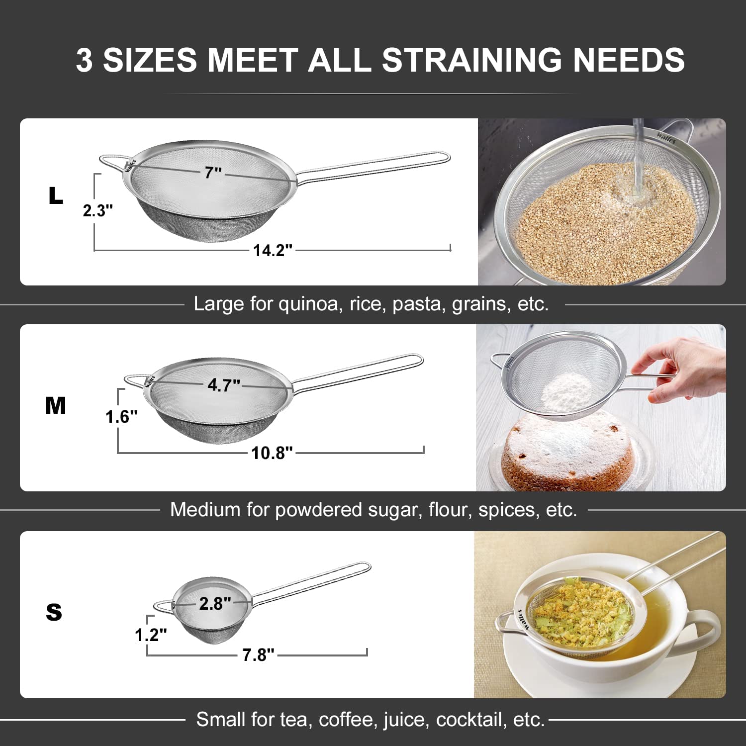 Walfos Fine Mesh Strainers Set, Premium Stainless Steel Sieve and Sifter with Sturdy Handle, Metal Kitchen Strainers Perfect for for Food, Rice, Quinoa, Fruit, Tea, Flour- 3 Sizes