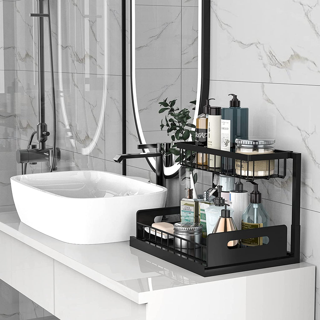 Under Sink Organizer and Storage, 2 Tier Rustproof Under Cabinet Storage, Sliding Kitchen Sink Organizer for Kitchen Bathroom