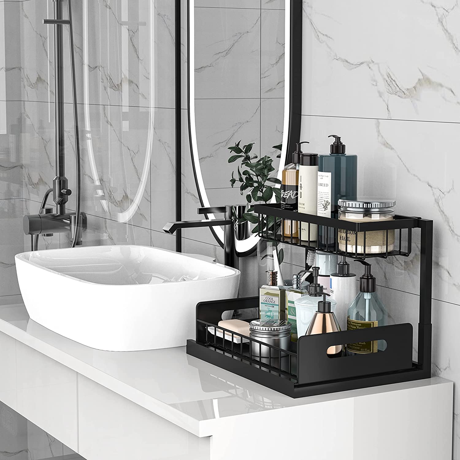 Under Sink Organizer and Storage, 2 Tier Rustproof Under Cabinet Storage, Sliding Kitchen Sink Organizer for Kitchen Bathroom