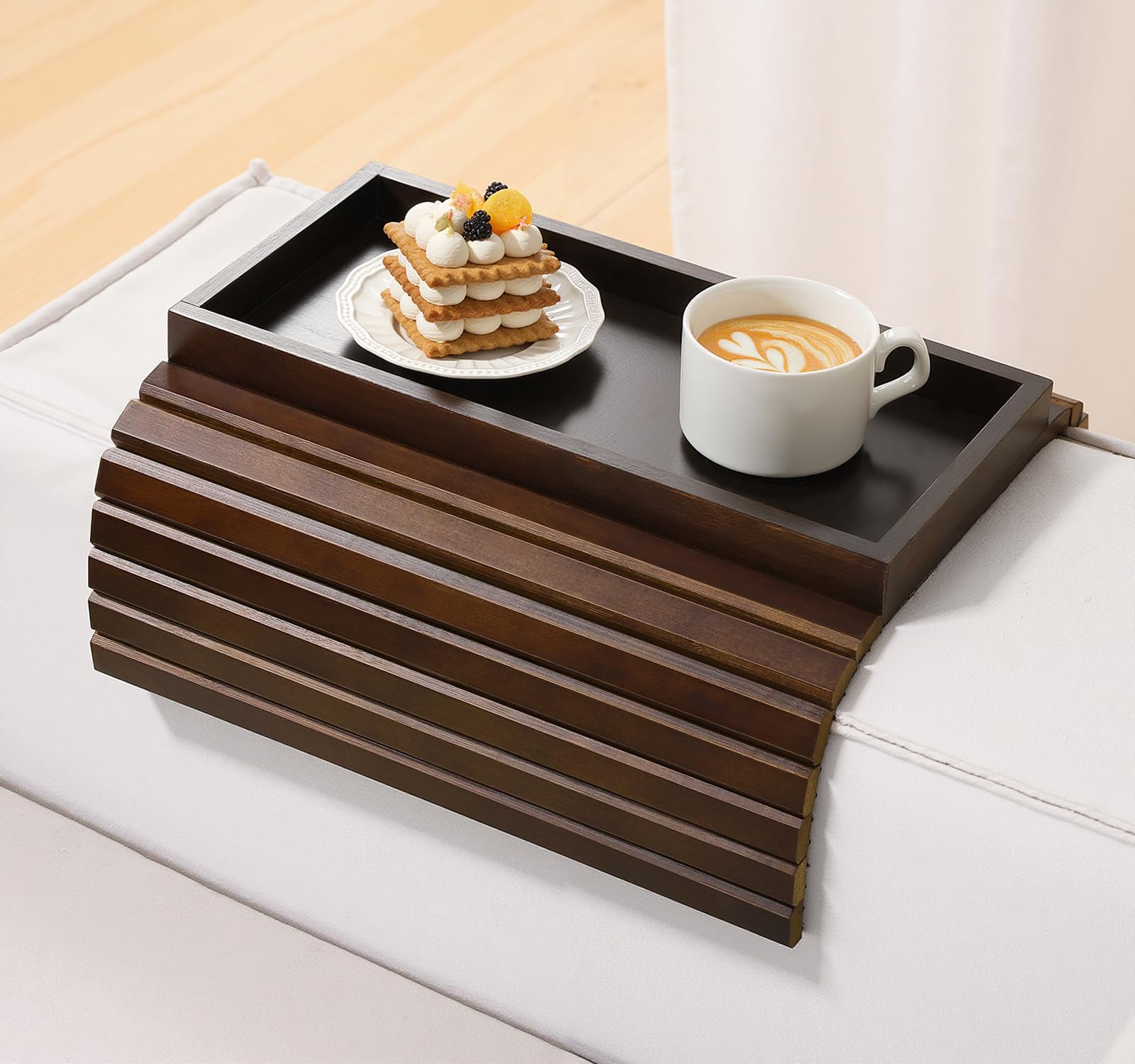 Kssiaz Couch Arm Tray, Bamboo Sofa Tray Table, Sofa Armrest Table, Anti-Slip Armrest Organizer, Foldable Couch Cup Holder for Snacks, Phone, Control, Cups, Brown