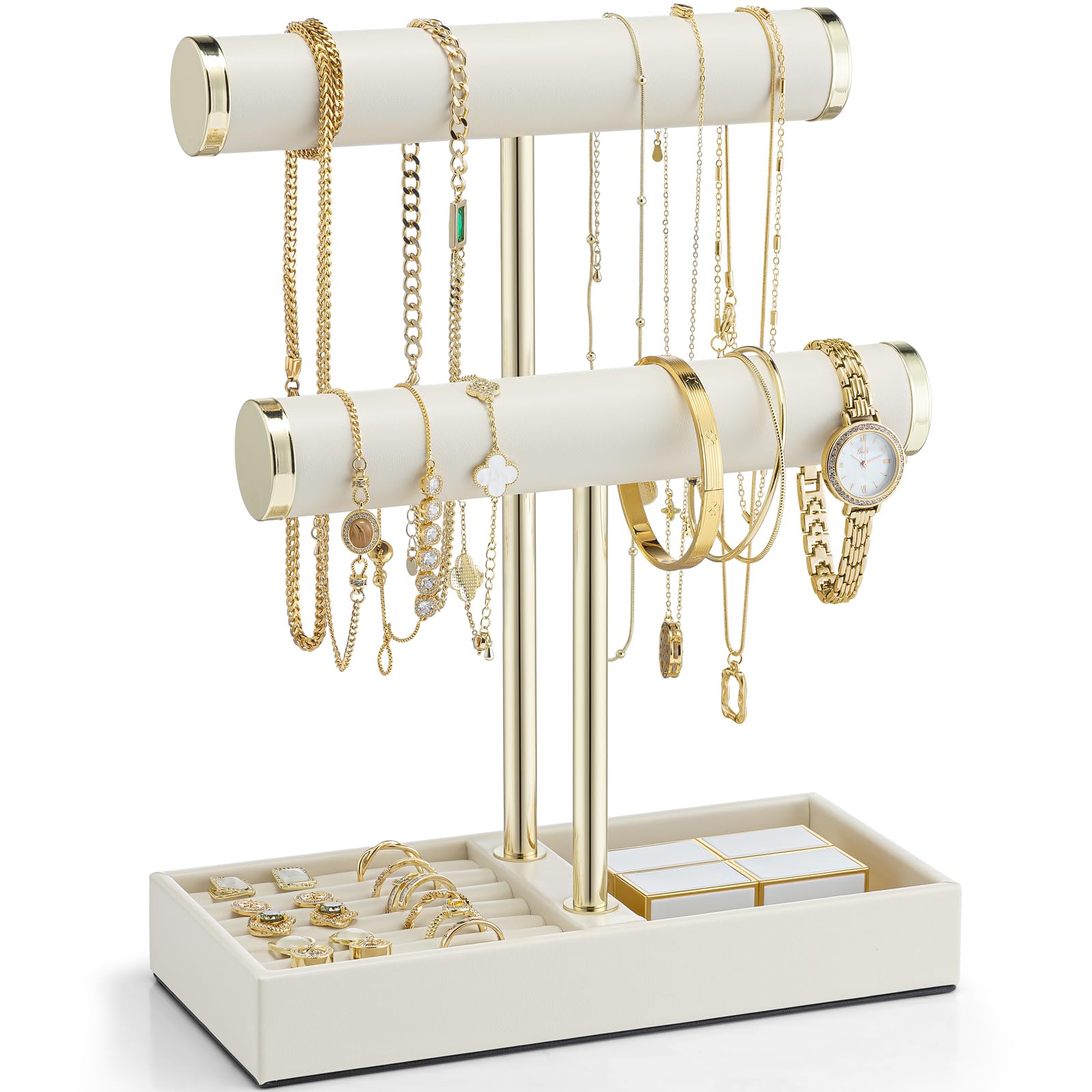 Vlando 2 Tier Bracelet Holder Display,Jewelry Stand Organizer with Ring Holder Tray,Jewelry Holder for Bracelet, Necklace, Watches, Rings,Beige