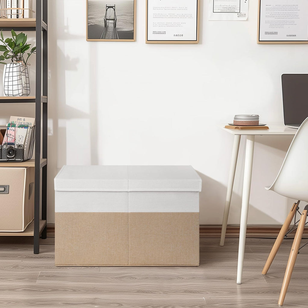 INDRESSME 25"x13"x16" Large Storage Box, Collapsible Bins with Lids, Chest for Living Room, Storage Baskets for Blankets, Books, Clothes (Beige & White)