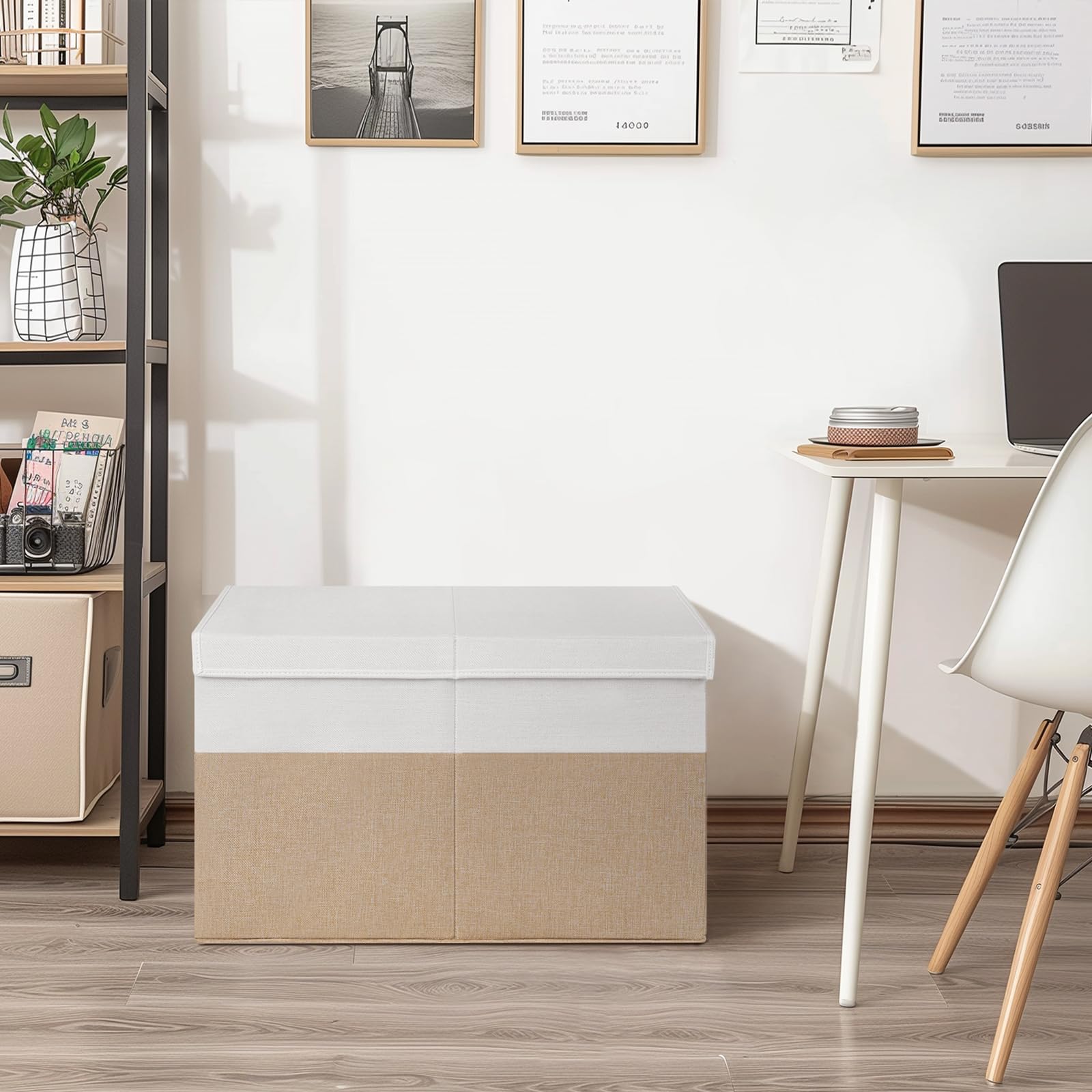 INDRESSME 25"x13"x16" Large Storage Box, Collapsible Bins with Lids, Chest for Living Room, Storage Baskets for Blankets, Books, Clothes (Beige & White)