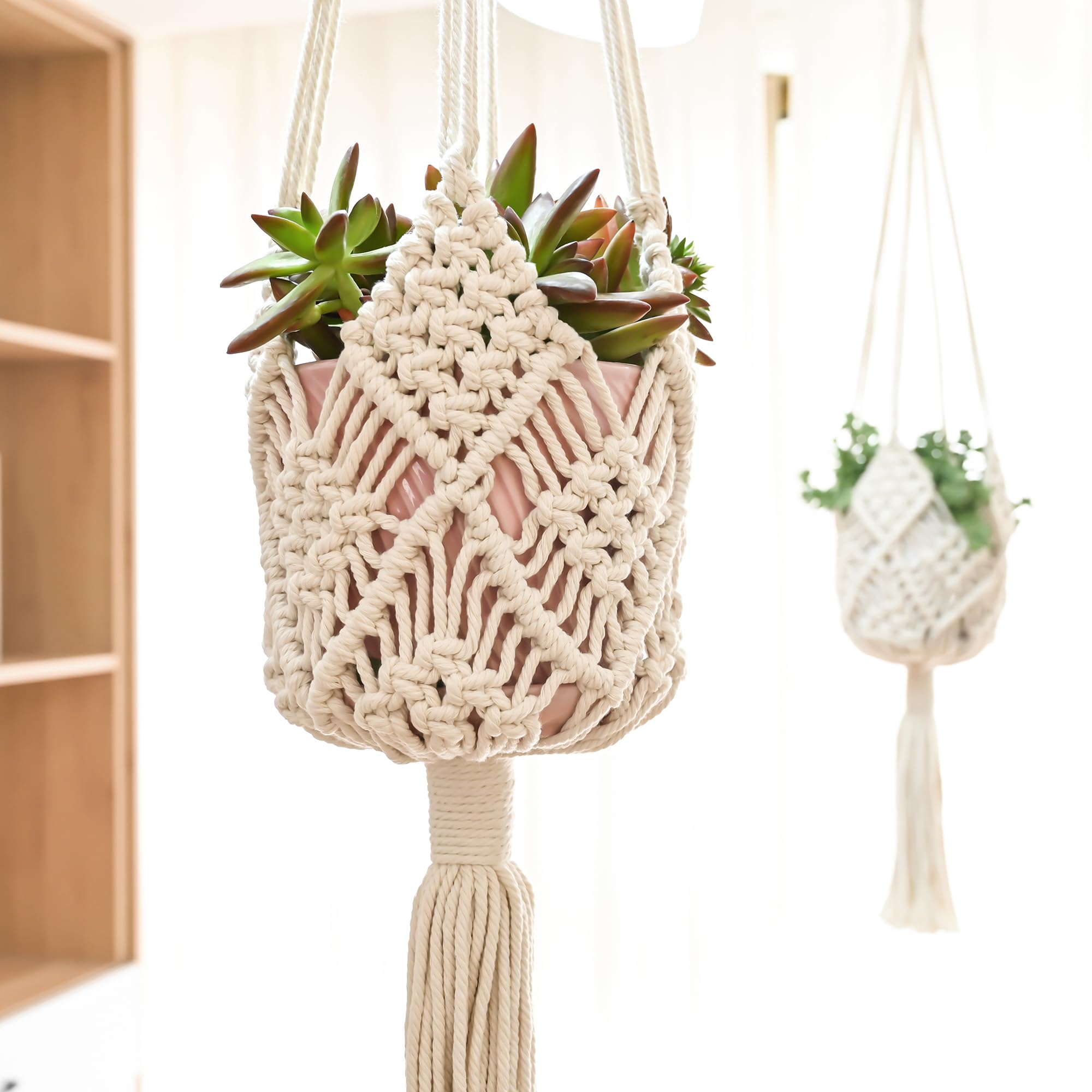 Macrame Plant Hangers Indoor Macrame for up to 8 inch Pot Crochet Boho Plant Hanger Holder for Indoor Outdoor with 2 S Shaped Stainless Steel Hooks (White)