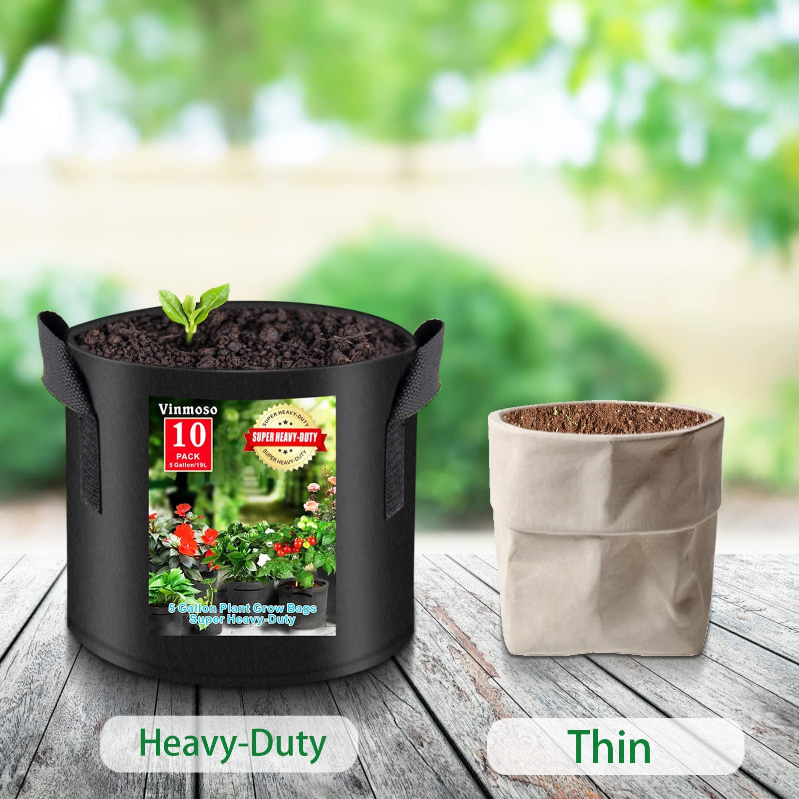 vinmoso 10 Pack Grow Bags 15 Gallon Heavy Duty Thickened Non-Woven Grow Bag with Handles Plant Grow Bags Planting Bags Plant Bags