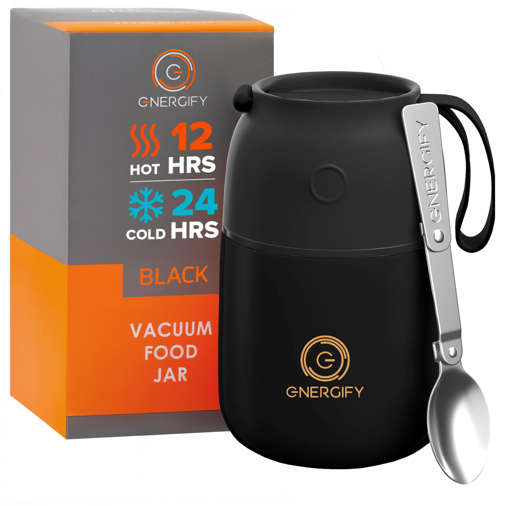 Vacuum Insulated Food Jar. Bowl incl. Folding Spoon, Cup. Wide Mouth Keep Hot & Cold Drinks Soup Lunch Container for Adults. BPA-Free Stainless Steel, Leak Proof Black Matte, 17oz