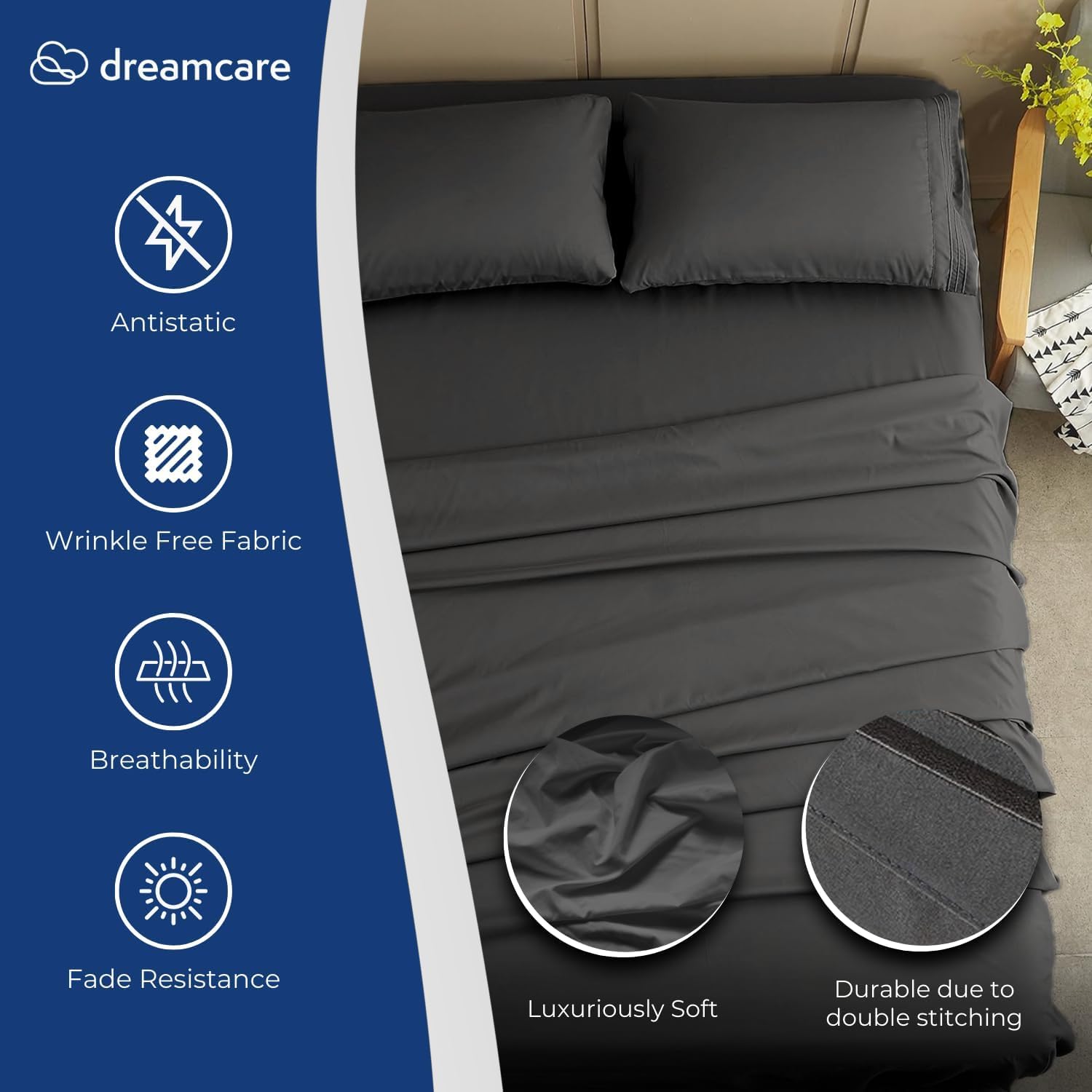 DREAMCARE King Size Bed Sheets - 4 Piece Deep Pocket King Sheets Set - Up to 21in Luxury Hotel Bedding Sets - Draps Lit King - Elegant Comfort - Shrink & Fade Resistant - (King Extra Deep, Gray)