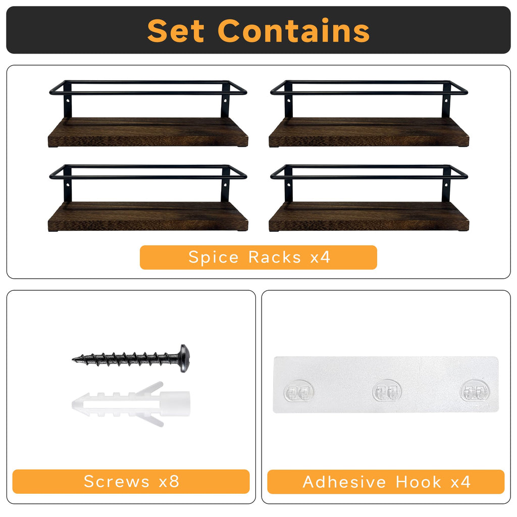 KitHero 4-Tier Wall Mount Spice Rack Organizer- Screw/Adhesive Mount, Black Metal & Wood Spice Storage for Kitchen Pantry Cabinet, 11.6”L x 2.4”W x 3.2”H