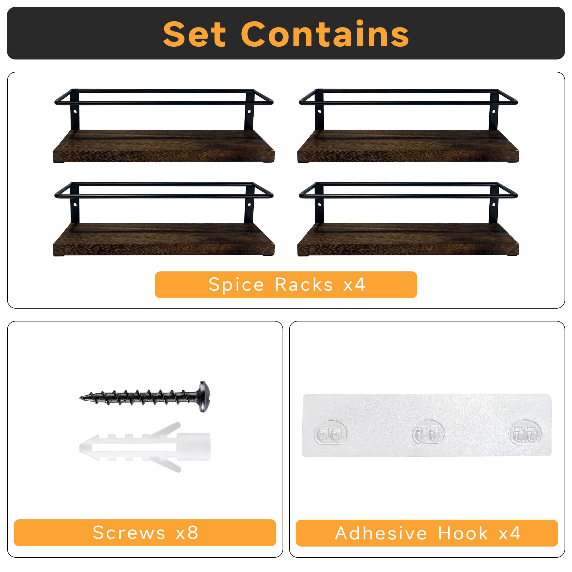 KitHero 4-Tier Wall Mount Spice Rack Organizer- Screw/Adhesive Mount, Black Metal & Wood Spice Storage for Kitchen Pantry Cabinet, 11.6”L x 2.4”W x 3.2”H