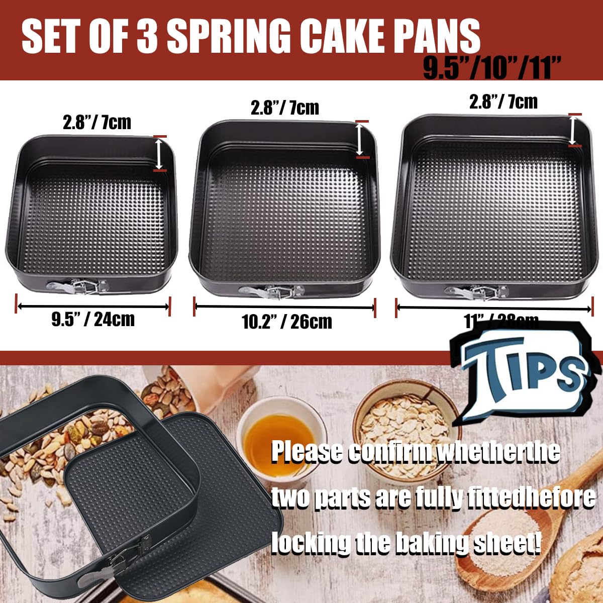 Springform Pan Set, 9.5/10/11Inch Square Cake Pans, Nonstick Bakeware Springform, Leakproof Cake Pans with Removable Bottom for Baking, Cheesecake Pan