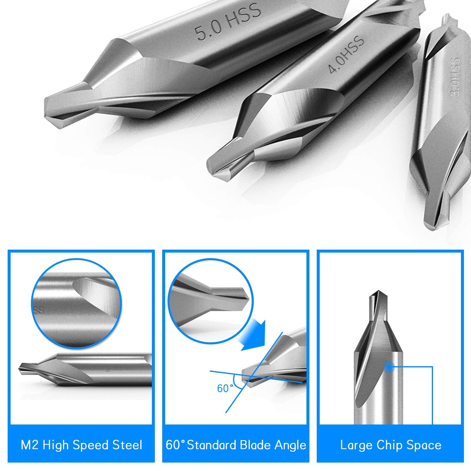 DKIBBITH 7 Pieces Center Drill Bits Set, M2 High Speed Steel 60-Degree Angle Center Drill Bits Kit Countersink Tools for Lathe Metalworking Size 1.0 1.5 2.0 2.5 3.0 4.0 5.0