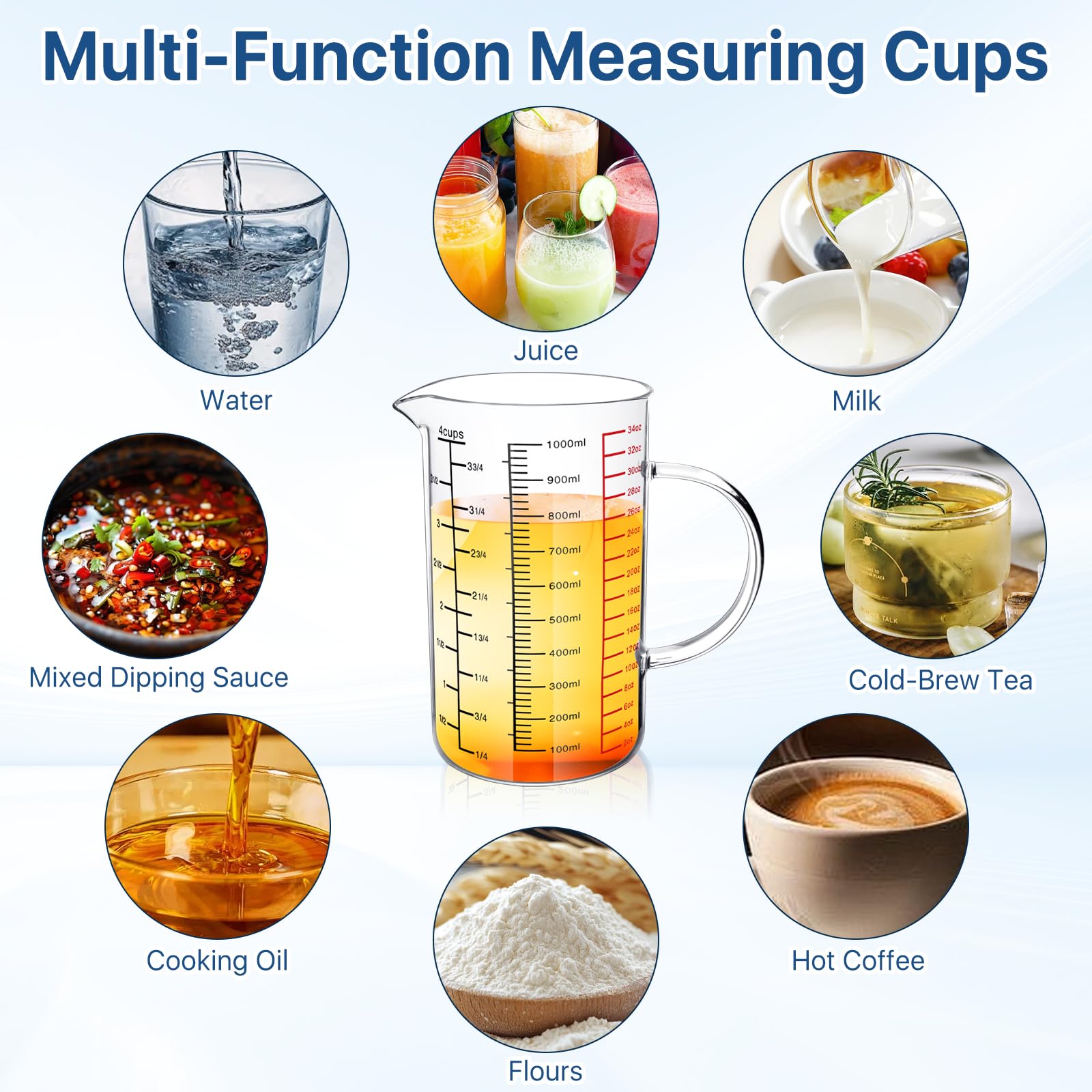 Worldity 33.82OZ/1000ML 4 Cup Glass Measuring Cup with V-Shaped Spout & Triple Scales, Heat Resistant Borosilicate Glass Measuring Cup with Handle, 3 Scales (ML/OZ/Cup) for Kitchen Baking, Restaurant