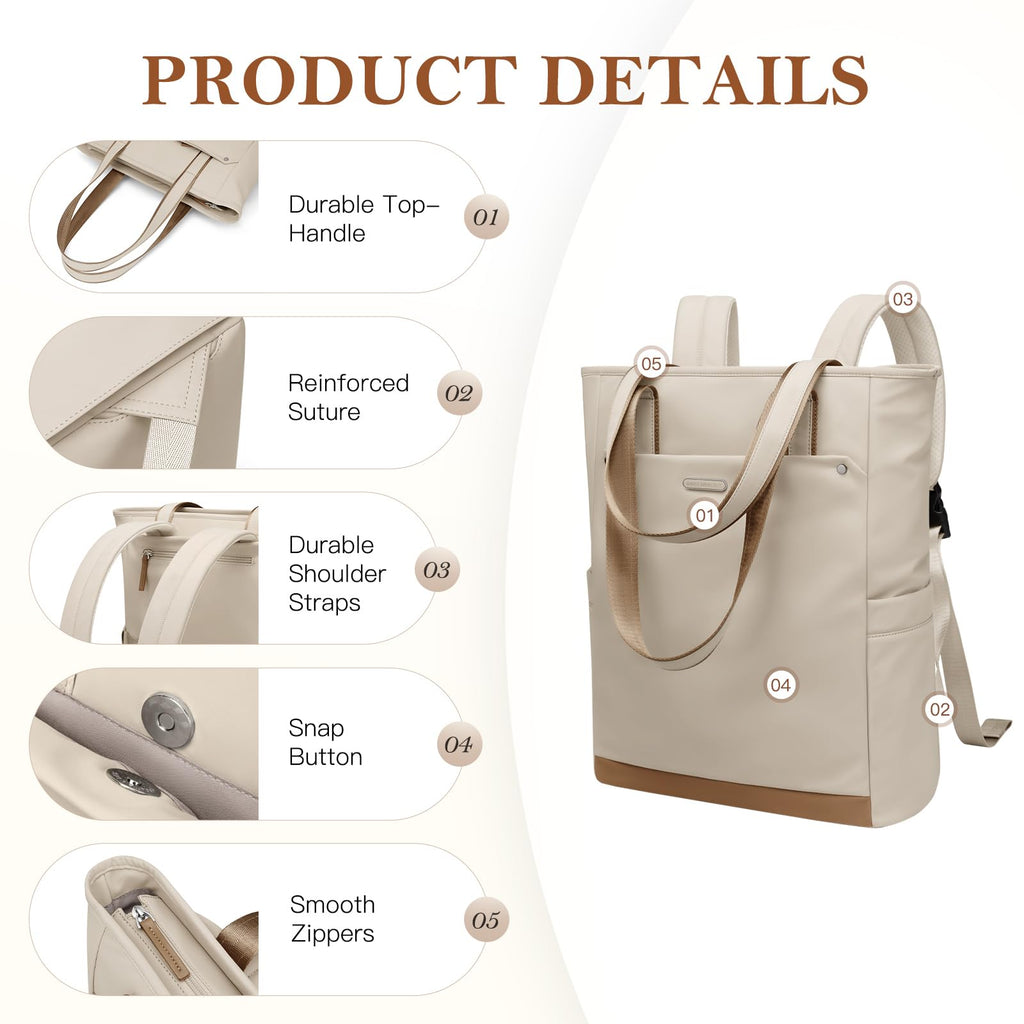 GOLF QUALITY Convertible Laptop Backpack for Women Men Carry on Tote Backpack Teacher Bookbag for College Work Nurse Travel Leisure,16 Inch,Apricot