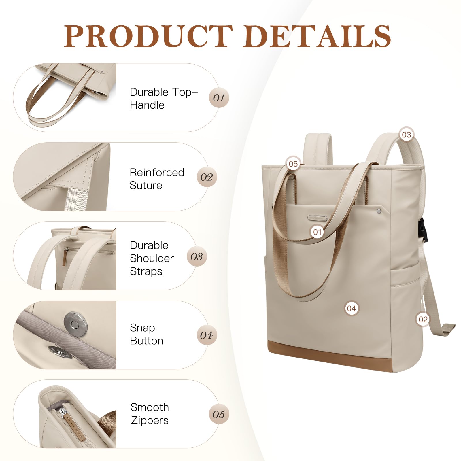 GOLF QUALITY Convertible Laptop Backpack for Women Men Carry on Tote Backpack Teacher Bookbag for College Work Nurse Travel Leisure,16 Inch,Apricot