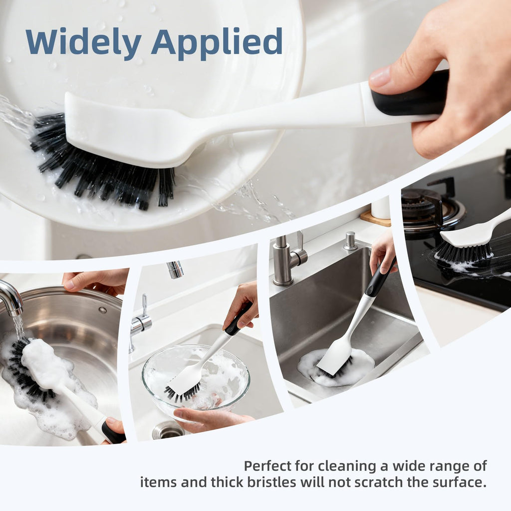 Cleangor Dish Scrub Brush, 2 Pack Stiff Bristles Cleaning Scrubber Brushes with Non Slip Handle Built-in Scraper, Kitchen Dish Brushes for Cleaning Pans, Pots, Stoves, Sink
