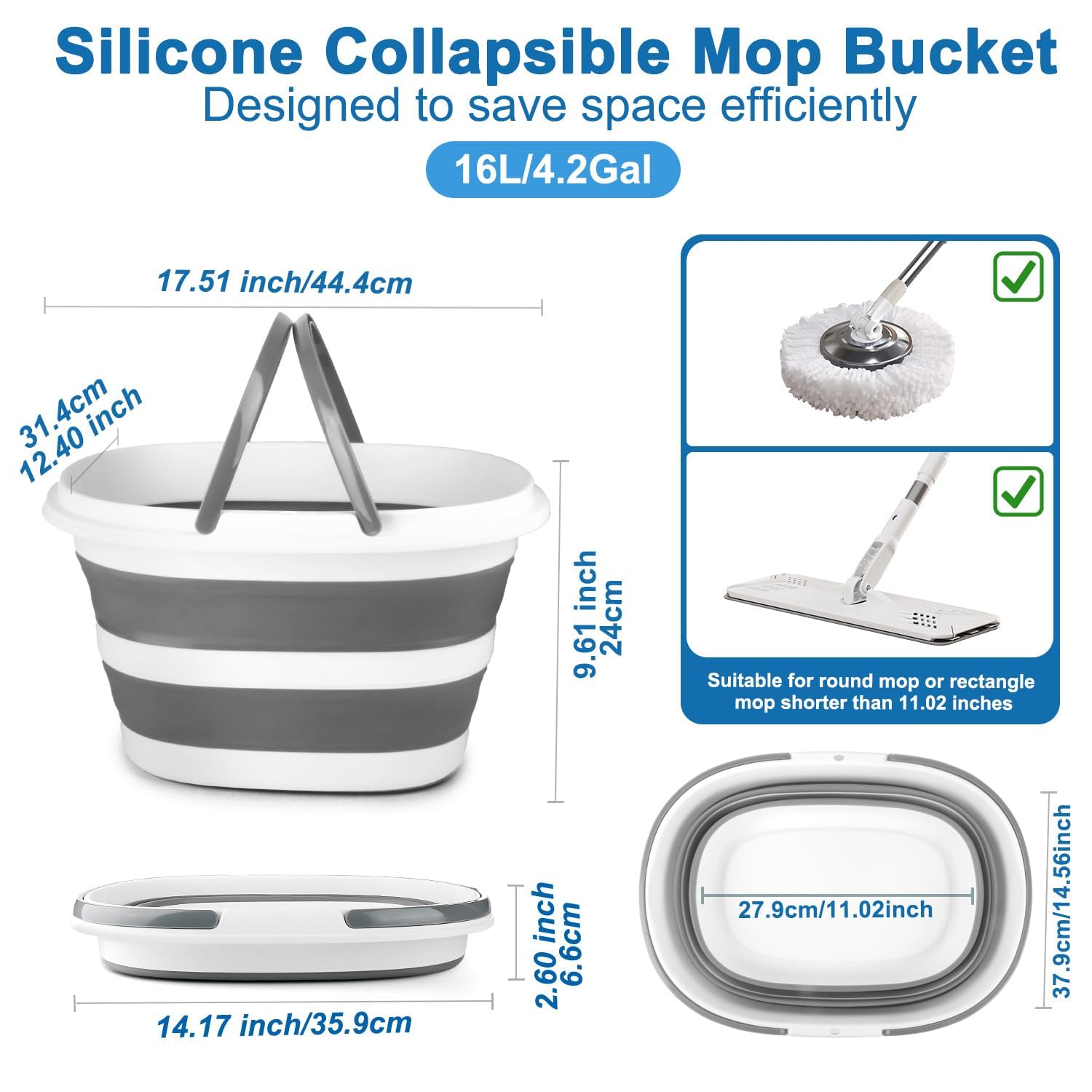 BIDFUL Collapsible Silicone Mop Bucket, 16L (4.2 Gallon) Square Cleaning Bucket with Handle for Windows Cleaning or Car Washing, Grey