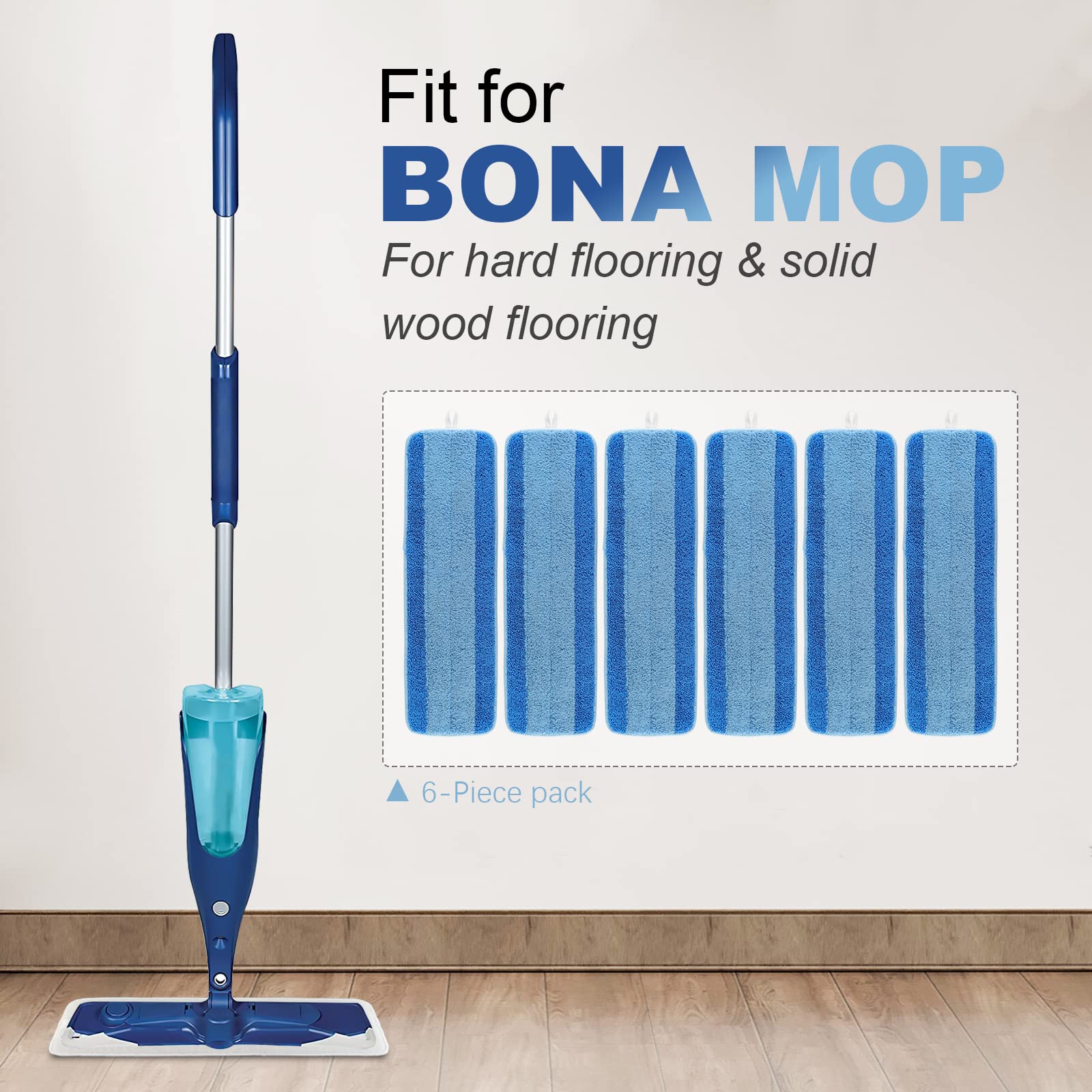 Mop Pads for Bona - Microfiber Cleaning Pad for Bona Hardwood Floor Cleaner 18 Inch Washable & Reusable Refills 6 Packs
